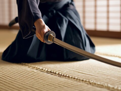 日本刀を構える武士道精神和室で集中する手元