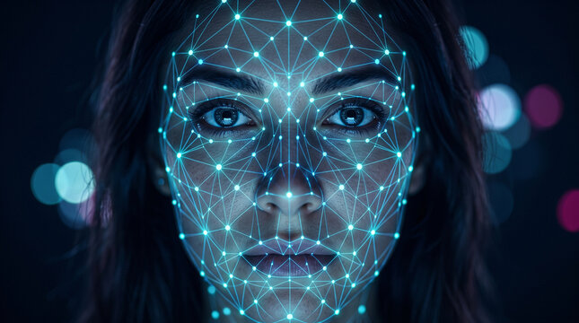 Woman face with digital biometric facial recognition mesh scan for security identification