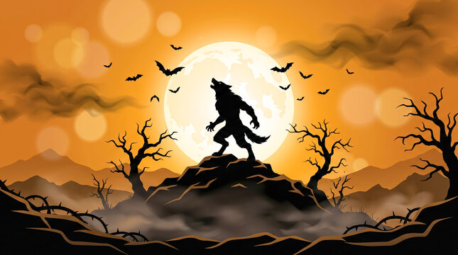 Mysterious werewolf howling under a glowing full moon in a dark forest landscape