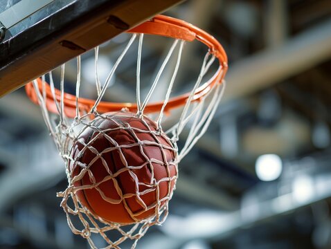 体育館でバスケットボールのシュートが決まりゴールネットが揺れる瞬間