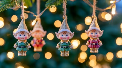 Fototapeta premium Festive elf ornaments hanging from a Christmas tree, featuring whimsical woodland characters, warm fairy lights, golden bokeh, and cozy holiday atmosphere.
