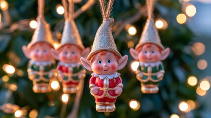 Fototapeta premium Festive elf ornaments hanging from a Christmas tree, featuring whimsical woodland characters, warm fairy lights, golden bokeh, and cozy holiday atmosphere.