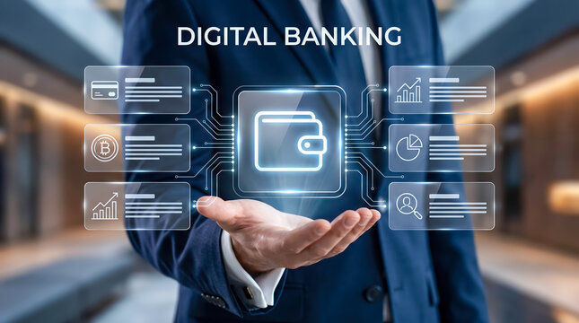 Professional hand holding digital wallet illustrating futuristic digital banking innovations