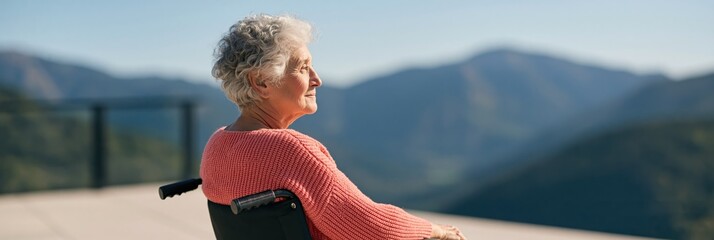 Fototapeta premium Elderly woman in wheelchair facing panoramic mountain landscape background for senior care poster and wellness banner design