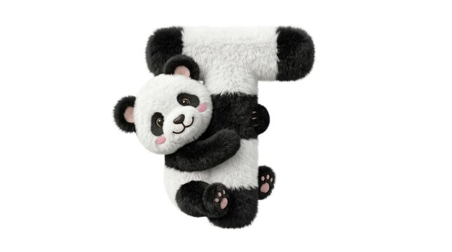 Fluffy panda bear letter T, cute 3D plush animal alphabet character, soft furry black and white panda hugging typography isolated PNG with Transparent Background