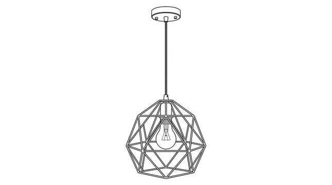 Industrial geometric pendant lamp, modern wire cage ceiling light, minimalist metal chandelier with edison bulb for interior design isolated PNG with Transparent Background