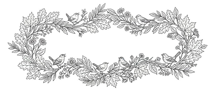 Ornate floral and bird illustration, hand-drawn vintage border design