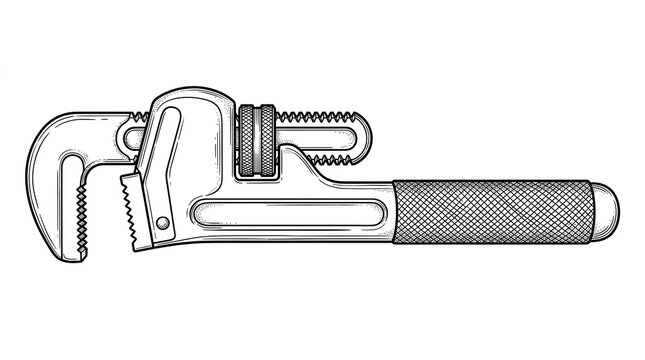 Vintage pipe wrench illustration, heavy duty adjustable steel monkey wrench, industrial plumbing hand tool for repair and maintenance isolated PNG with Transparent Background