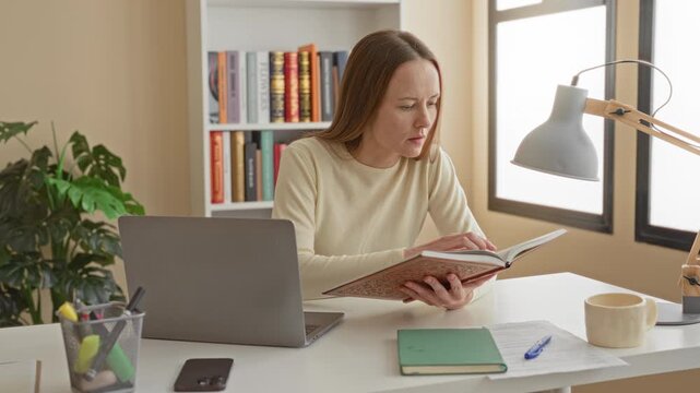 Woman reading book, hand turning page at desk with laptop, notebook, lamp and mug in building; concentration study.