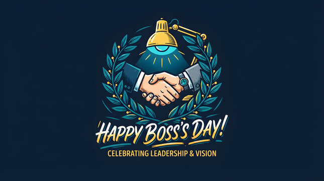 Happy boss day greeting with handshake and laurel wreath celebrating leadership vision.