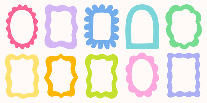 Set of colorful organic hand drawn frames in abstract wavy shapes. Modern playful borders for posters, social media, branding, invitations and creative design