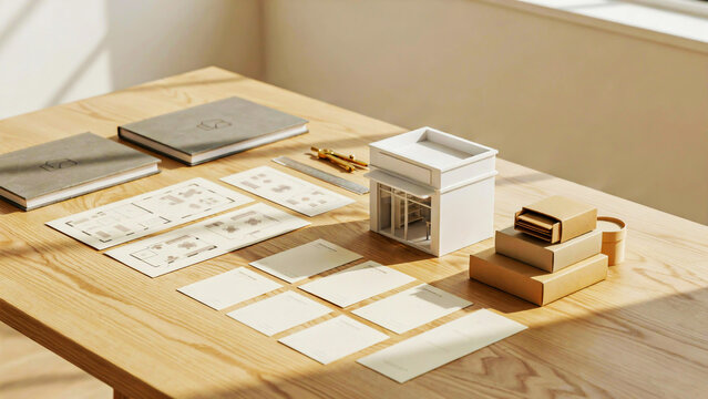 Architectural model and design plans arranged on a wooden table with notebooks Keywords: architectural model, building model, miniature house