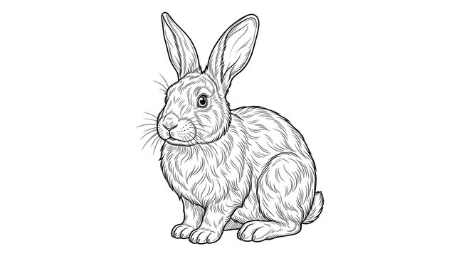 Vintage hand drawn rabbit illustration, detailed black and white bunny sketch, classic woodland animal line art for coloring isolated PNG with Transparent Background