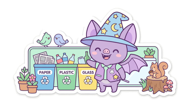 Cute Bat Wizard Recycling Paper, Plastic, Glass with Squirrel and Birds