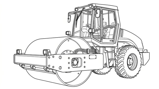 Road roller line art illustration, heavy construction machinery outline, industrial steam roller vehicle drawing for coloring book isolated PNG with Transparent Background