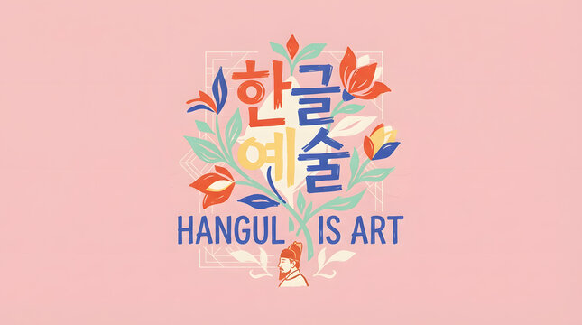 Korean calligraphy hangsul art with floral elements and crown emblem for cultural celebration.
