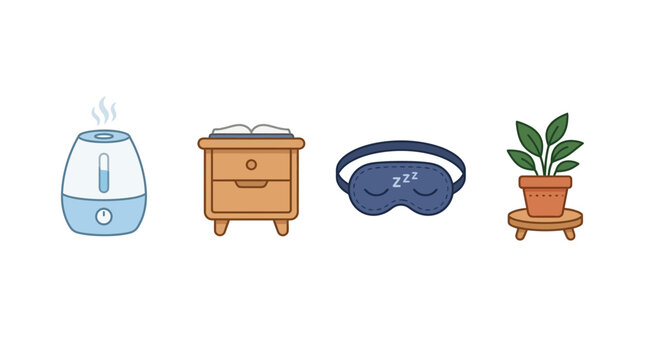 Cozy Bedroom Essentials Icons Set Isolated