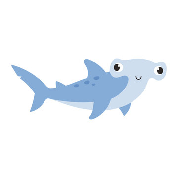 Cute smiling hammerhead shark cartoon illustration. Friendly marine animal in simple flat style for children, nursery decor, educational materials, books and baby products