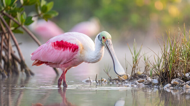 Roseate Spoonbill wading in calm shallow water among green mangroves, sweeping its spatula-shaped bill to forage for food.