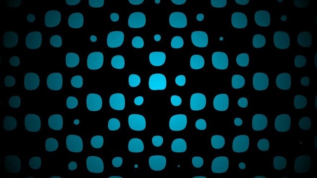 Abstract digital motion background with pulsating cyan rounded square grid pattern on black