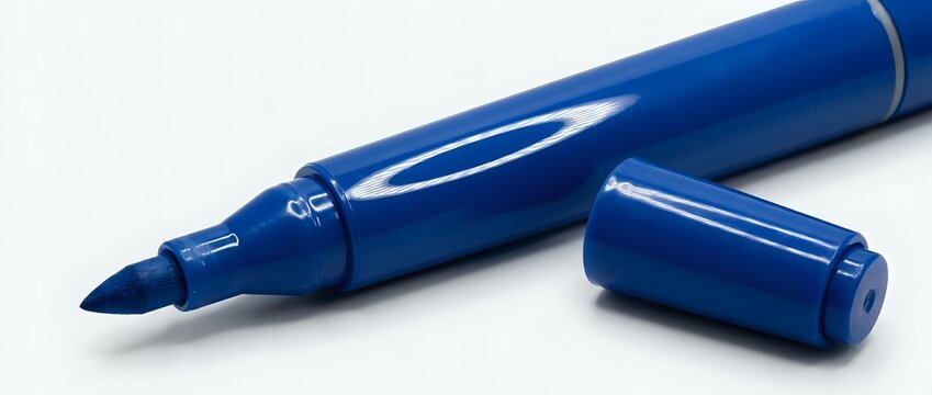Blue permanent marker with cap off and on, isolated on white background. Suitable for office supplies, art materials, and stationery design projects.