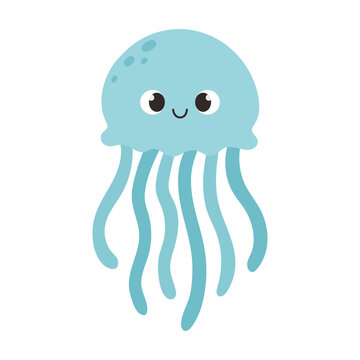 Cute smiling jellyfish cartoon illustration. Friendly marine animal in simple flat style for children, nursery decor, educational materials, books and baby products. Isolated on white background