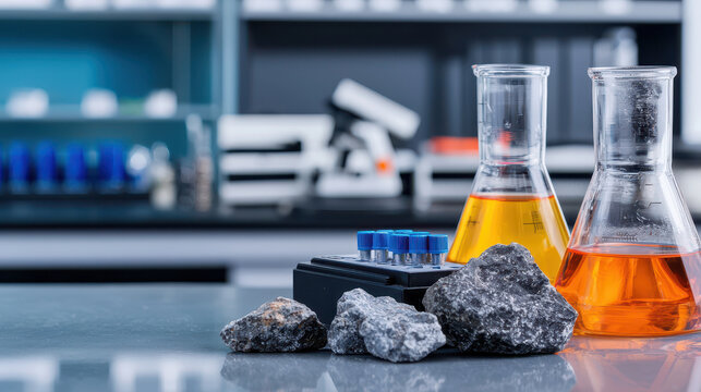 Laboratory setup featuring mineral testing kit, glass flasks, and rock samples. vibrant colors of liquids evoke sense of scientific exploration