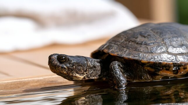 A small turtle rests at the edge of calm water on a wooden surface with soft background textiles