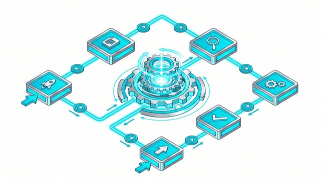 Isometric Workflow Automation Concept with Central Gear and Connected Process Icons
