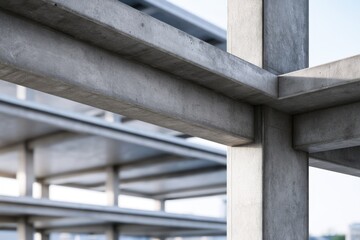 Fototapeta premium Structural concrete beams and columns intersecting to form the framework of a modern building under construction against a clear sky background