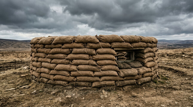 Sandbag bunker in barren field under dark cloudy sky shows emergency preparedness for wars defense and protection in harsh environment