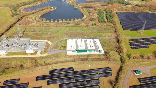 High angle aerial view of a utility scale Battery Energy Storage System with lithium iron phosphate units