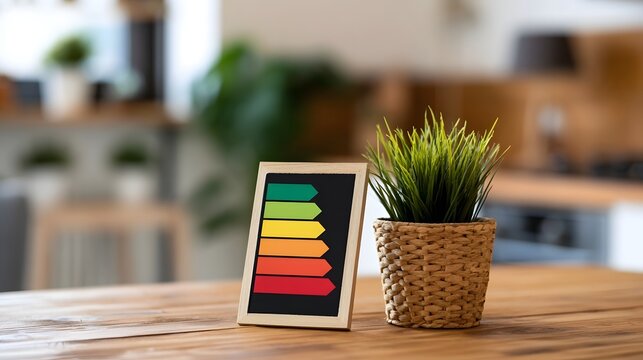 A framed energy efficiency rating chart stands beside a potted plant on a wooden table in a bright indoor setting