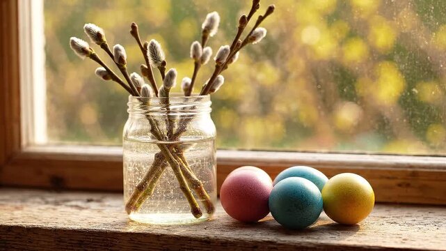 Spring decoration with pussy willow branches in a glass jar and colorful Easter eggs on a rustic windowsill