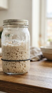 Artisanal Sourdough Starter Bubbling in a Glass Mason Jar on a Rustic Kitchen Countertop for Homemade Bread Baking and Natural Fermentation Process