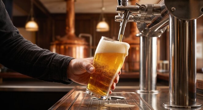 Bartender pouring a fresh pint of golden draft beer from a tap into a glass. Rich foam spilling over, with blurred copper brewing vats in the warm background. Brewery, pub, and craft beer concept.