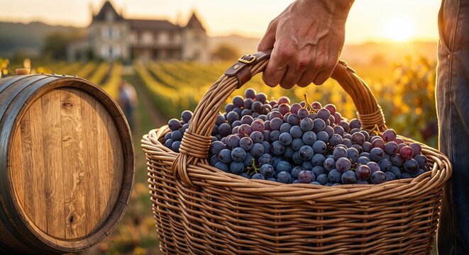 Close-up of a farmer carrying a large wicker basket full of freshly picked dark purple grapes in a sunny vineyard. A wooden wine barrel and a traditional chateau are in the golden hour background.