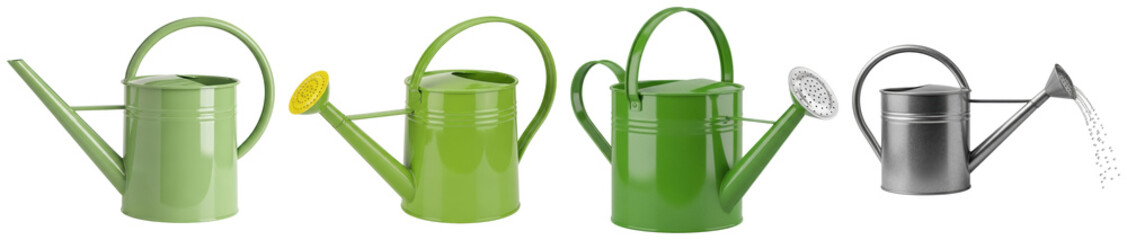 four distinct watering cans in various shades of green and one metallic silver, meticulously arranged on a dark background for gardening tasks. © Phuong
