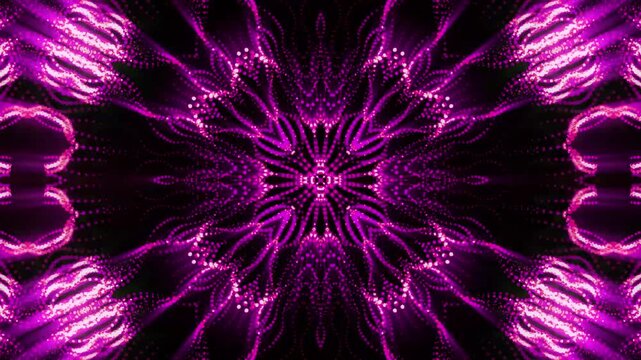 Neon magenta particles create a radiant symmetrical mandala pattern.
