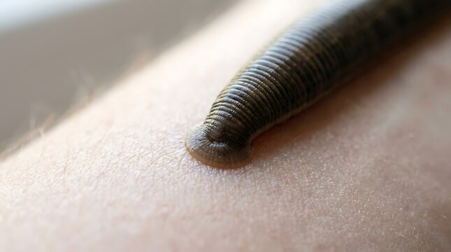 A close up view of a medicinal leech crawling on human skin.