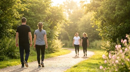 Obraz premium People walking on dirt path in forest with sunlight filtering through lush green trees at golden hour for active lifestyle concept and outdoor exercise scenes.