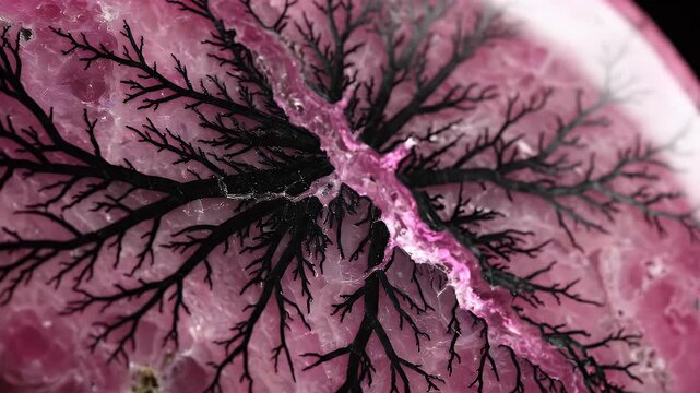 Close-up macro shot of a pink rhodonite gemstone with dendritic inclusions resembling tree branches on a dark background.