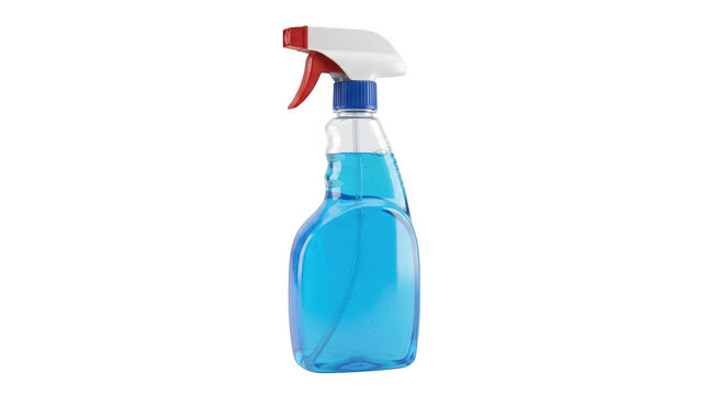 Plastic spray bottle with blue cleaning liquid isolated on transparent background