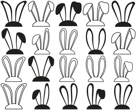 collection of various black silhouette bunny ear headbands for easter holiday costumes and festive events, isolated on a clean dark background.