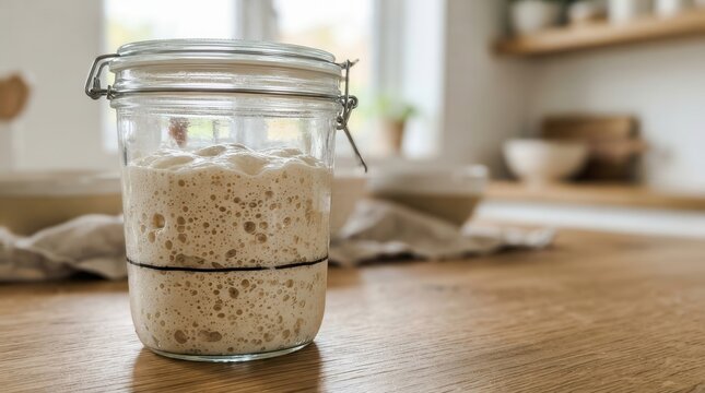 Active Sourdough Starter Fermenting in a Glass Jar on a Rustic Wooden Kitchen Countertop for Artisan Bread Baking Preparation and Homemade Healthy Cuisine