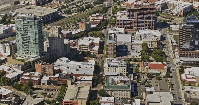Durham North Carolina Aerial v22 telephoto birdseye flyover around downtown blocks, the Warehouse District and Central Park - Shot with Mavic 3 Pro Cine - Oct 1st 2023