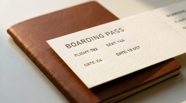 Boarding pass on brown leather passport cover representing travel and aero industry with flight details and seat number for journey planning