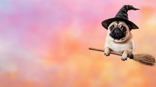 Cute pug wearing witch hat sits on broomstick, exuding charm and whimsy against colorful, dreamy background