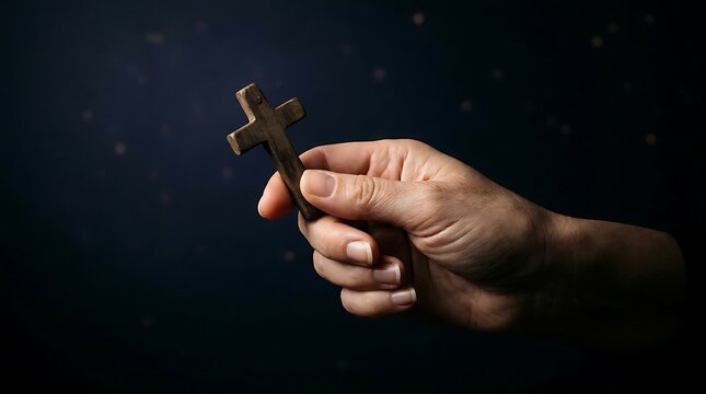 A hand holding a small wooden Christian cross against a dark background.