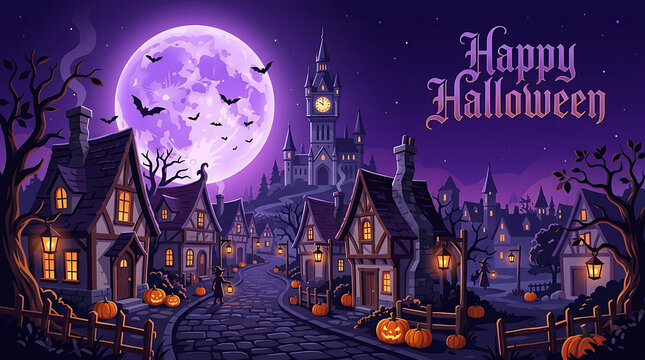 Happy halloween festive scene with gothic village houses clock tower and jack o lanterns full moon halloween pumpkins lanterns